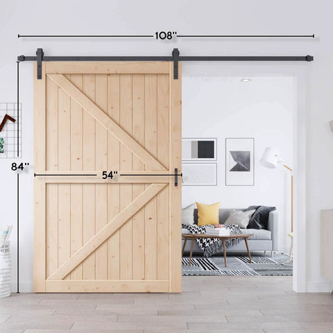Solid Spruce Wood Sliding Barn Door 54X84 with 9 Ft K Frame Hardware Kit displayed in a modern living room.