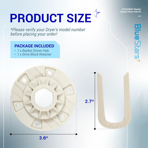 Washer Basket Driven Hub Kit Replacement For Maytag Whirlpool Kenmore Washers showing hub and retainer dimensions 3.6x2.7 inches
