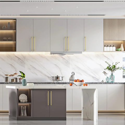 Modern kitchen with 10 Pack 10 Inch 254mm Brushed Gold Cabinet Pulls Kitchen Drawer Handles, sleek gray cabinets and marble backsplash.