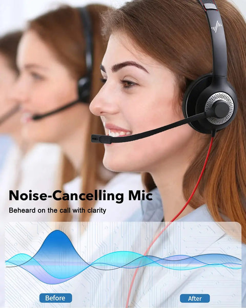 Person wearing USB Headset With Noise Cancelling Microphone For PC And Laptop On Ear Headphones With Inline Control