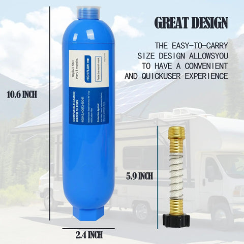 RV Inline Water Filter 2 Pack With Flexible Hose Guards, 10.6 inch filter and connector for campers and trailers.