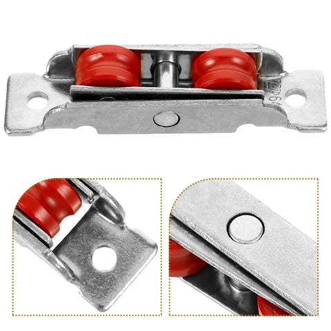 Rugged Sliding Door Pulley Track Set With Silent Dual Wheel Rollers And Rigged Tight Stainless Steel Nylon Bearings showing red dual wheel roller.