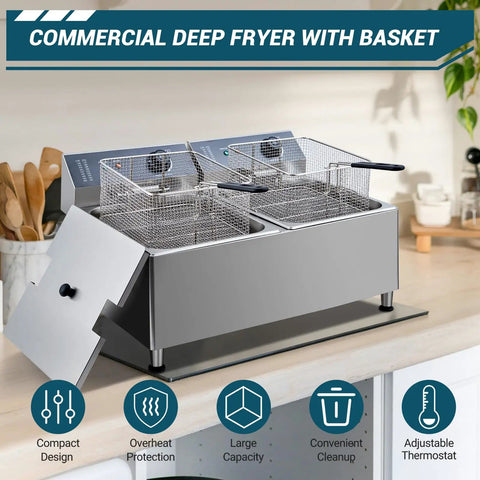 Festisoul 22Qt Double Commercial Electric Deep Fryer with XL baskets, stainless steel construction for restaurant use.