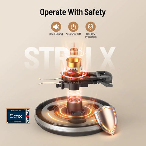 Six Preset Temperature Electric Kettle With Dope Precision Control, Strix thermostat mechanism with safety features displayed