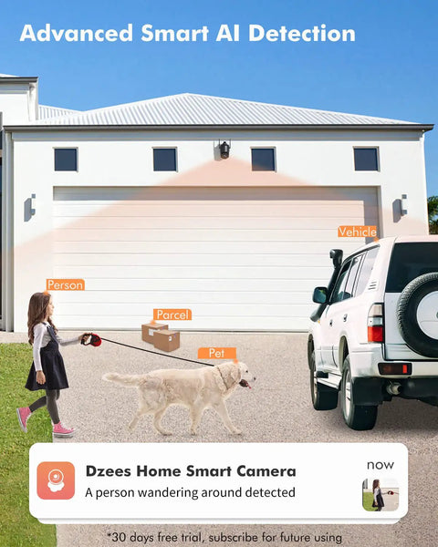 360° PTZ Wireless Security Camera With 2K Battery Power detects person, pet, parcel, vehicle with AI motion detection.