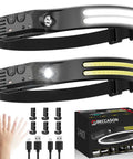Two Pack Rugged Rechargeable LED Headlamp With 230 Degree COB for Forehead and Hard Hat Use USB C Headband Flashlight set