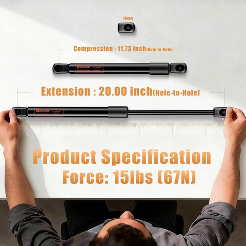 Rock Solid 20 Inch Gas Struts And Door Shocks For Rv Entry Doors And Camper Lifts And Tough 15 Pound Force 2 Pack measuring 20 inches.