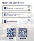 Setup guide for 2K Indoor Security Camera With 2.4 And 5GHz WiFi Night Vision And 24 Seven Recording featuring QR codes for app download.