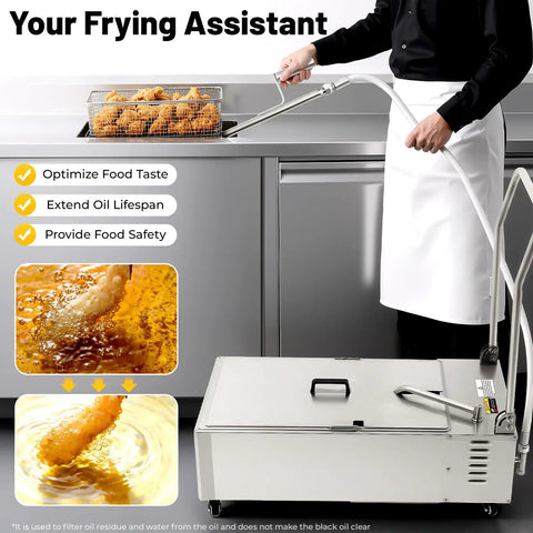 Heavy Duty 55 Gallon Fryer Filter Machine With Foldable Cart, High Flow Oil Filter System For Commercial Restaurant Kitchen in use