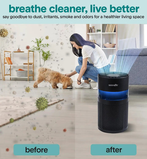 Compact Portable Air Purifier For Home Offices And Bedrooms, Lowkey Quiet HEPA Filter Cleaner beside a dog feeding in a living area.