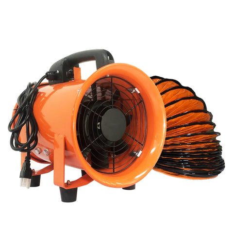 8 Inch Portable Axial Exhaust Fan with 900 CFM High Velocity Airflow, 230W Motor, shown with 32 Ft Duct Hose