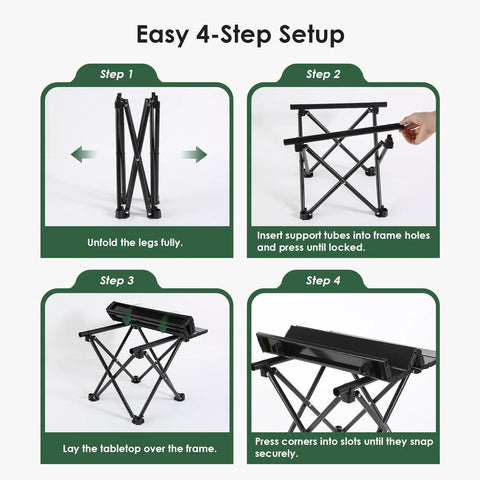 Four-step assembly guide for Two Pack Ultra Light Portable Camping Table Foldable Car Tray Table With Carry Bag
