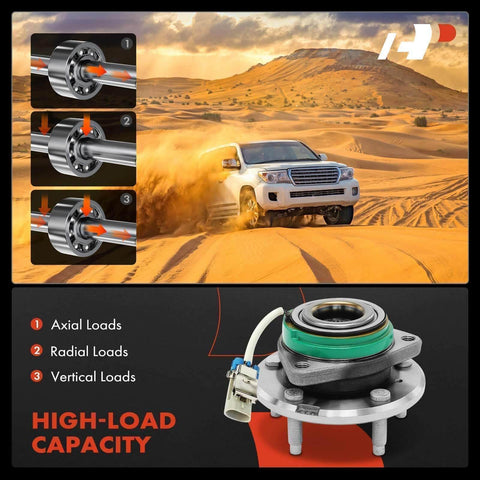 Diagram of a Single Front Wheel Hub Bearing Assembly with ABS and speed sensor for heavy-duty load, next to an SUV driving in sand.