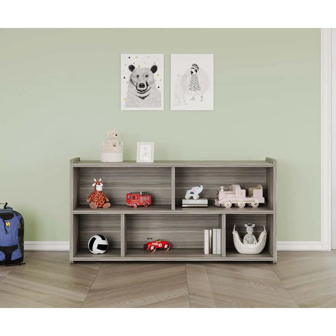 Hella Spacious 5 Compartment Toddler Storage Cubby Shelf in shadow elm gray, holding toys and books against a light green wall.