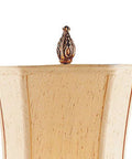 Top view of Sweet Ginger Buffet Lamp with ornate finial on square faux silk shade, gold finish, traditional profile.