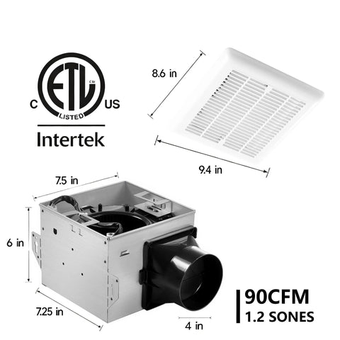 Super Quiet Bathroom Exhaust Fan With Light 90 CFM 1.2 Sone 1000 Lumen Dimmable 3CCT LED Light Color Temp Selectable product dimensions