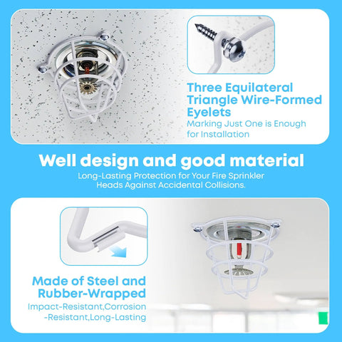 8 Count Fire Sprinkler Head Protectors Rugged Steel Cage Covers For Ceiling Flush Mount With Soft Rubber Inner Wrap Prevents Accidental Triggering And Dings Fits 1/2 Inch And 3/4 Inch Indoor Sprinklers installed on ceiling with eyelets for easy installation.