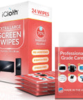 Box and packets of XL Pro Grade Electronics Cleaning Wipe For TV Monitor And Laptop 9 By 12 Inch Pre Moistened Cloth With 70 Percent Isopropyl Alcohol Individually Sealed Streak Free Lint Free Restores Optical Clarity