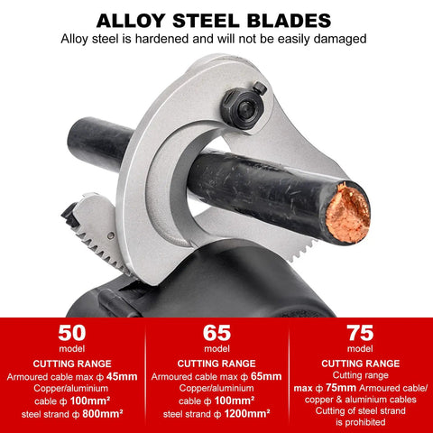 Handheld Armored Cable Cutter With Cordless Hydraulic Ratchet, 45 65 75mm Cutting Capacity, alloy steel blades in action