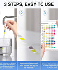 3 steps demonstrating use of Rock Solid 16 In 1 Drinking Water Test Strips 20 Pack for easy water testing.