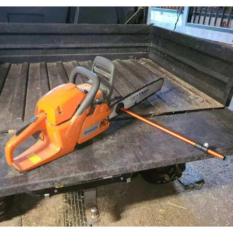 Heavy Duty Telescopic Firewood Measuring Stick With Super Strong Magnets For Fast Wood Cutting And Dang Easy Log Marking Yard Tool For Outdoor Campfire Prep And Homestead Wood Piles attached to a chainsaw in a truck bed.