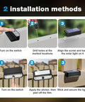 2 installation steps for Solid Solar Fence Lights Outdoor Deck Waterproof Warm White Glow 8 Pack, showing connection and setup.