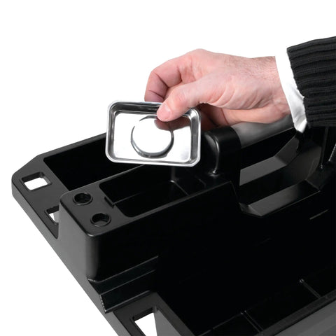 Hand holding magnetic tray of On The Go Tool Caddy With Magnetic Tray Heavy Duty Portable Organizer For Gear, showing storage compartments.