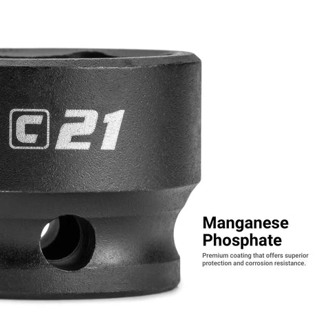 Close-up of heavy duty chrome moly steel socket with manganese phosphate coating, part of the Stubby Impact Socket Set Three Eighth Inch Drive.