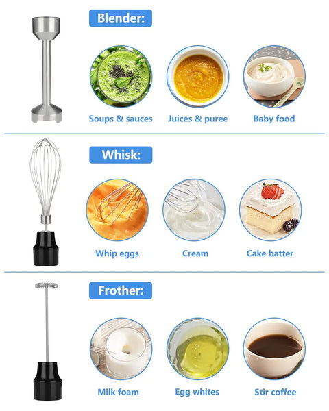 Image showing Powerful Handheld Immersion Blender 700W With Infinite Variable Speeds All In One Stainless Steel Stick Mixer Detachable Whisk And Milk Frother your go to kitchen hero for smoothies soups purees and quick prep with usage examples.