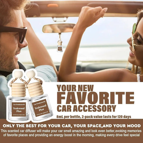 Premium Mahogany Teakwood Car Air Freshener 2 Pack With Hanging Essential Oil Diffuser Inside sleek glass bottles in car.