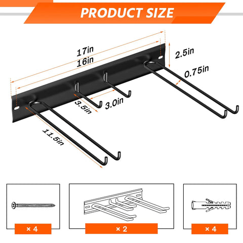 Wall Mounted Ski Rack With Extra Boot Hooks, Garage Game Changer Holds Eight Pair Skis, dimensions and hooks design shown.
