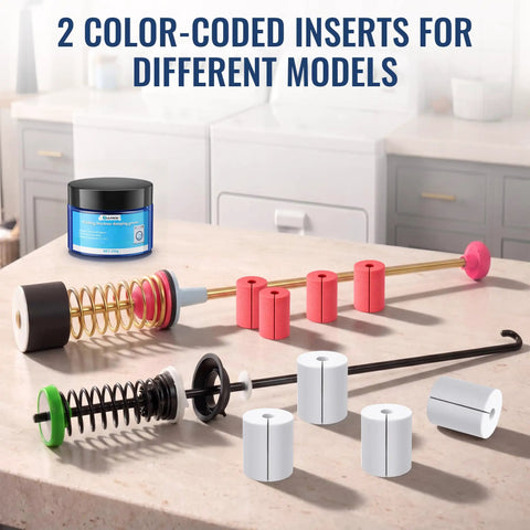 Heavy Duty Pro Grade Washing Machine Damping Grease Kit with 10 Foam Inserts for Suspension Rods displayed on countertop