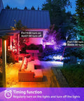 50W Outdoor RGB LED Flood Light With Remote And Built In Timer illuminating garden furniture and pathways in vibrant colors.