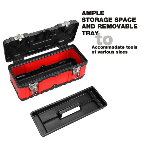 Badass Portable Tool Organizer Case Featuring Heavy Duty Plastic Build Removable Storage Tray And Sure Grip Handle Perfect For Tackling Garage Shop Or Car Trunk Jobs With Ease, showing ample interior and removable tray.