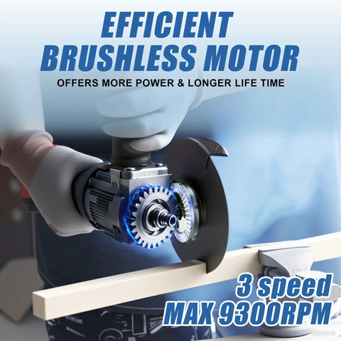 The Real Deal Cordless Angle Grinder Set With Dual Batteries Delivers Serious Cutting Power For Metal Stone And Concrete Projects Shop Ready Ergonomic Grip Comfortably Handles Long Hours displaying brushless motor and guard on grinding tool.