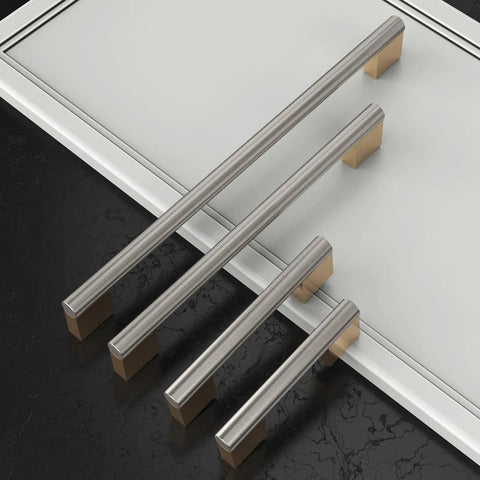 Premium Gold Brushed Nickel Knurled Cabinet Pulls 10 Pack Heavy Duty Rust Proof Hardware shown in various lengths on a white surface.