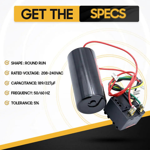 Heavy Duty Hard Start Capacitor Kit For HVAC AC Compressors 189 To 227 Mfd And 208 To 240 Volt showing round capacitor and relay.