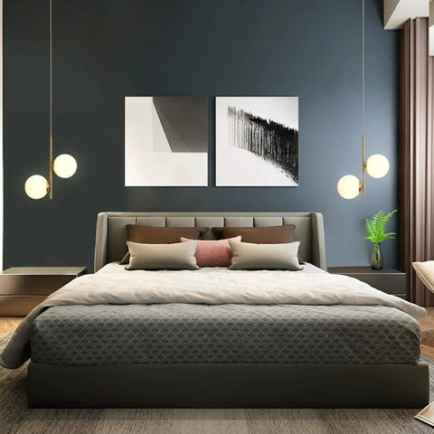 Dope 2 Light Globe Pendant Lighting With White Glass Shades And Brass Gold Metal Accents in bedroom setting