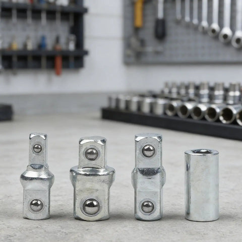 Four Piece Ratchet Wrench Socket Adapter Set With Chrome Vanadium Steel Construction Drive Converters And Reducers displayed on workbench