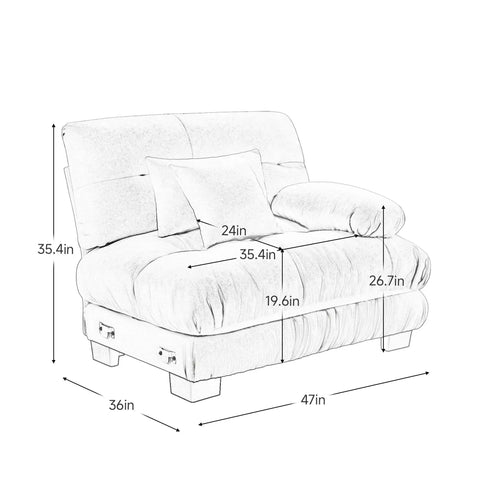 Modern Green Tufted Modular Sofa Chair Right Facing Armless Sectional Module With Fluffy Accent Pillows dimensions sketch 47x36x35 inches
