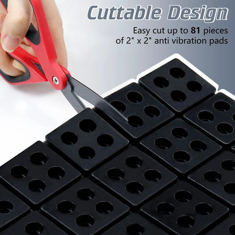 Cutting Badass Heavy Duty Rubber Anti Vibration Pads for Washers and Dryers, showcasing cuttable 2x2 pads.