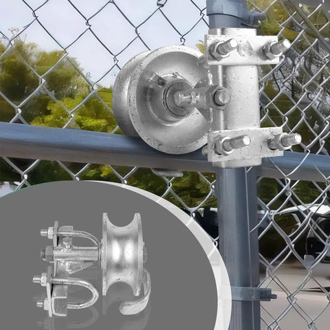 Heavy Duty Galvanized Steel Sliding Gate Rollers With Smooth Glide Design For Chain Link Fences Dual U Pipe Track Hardware Built To Last A Ton For Two Inch Frames And One Point Five Eight Rails Two Pack close-up of roller attached to chain link fence.