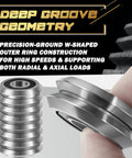16 Pack RM2 2RS 3/8 Inch V Groove Roller Bearings Heavy Duty Shielded Precision Ball Bearings Linear Motion Smooth as Butter Zero Friction 6500 RPM Fully Lubricated, showing deep groove geometry and precision-ground outer ring.
