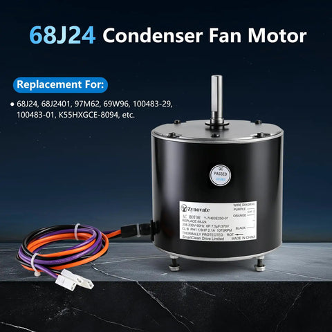 Premium Condenser Fan Motor 1/3 HP 1075 RPM 208 230V AC Replacement Component Featuring Copper Core Engineering, black unit with wires.