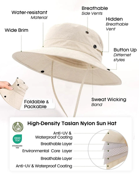 Go To Sun Hat For Women With Ponytail Hole, Wide Brim Beach Bucket Style, Lightweight Nylon, UPF 50 Plus Sun Protection, Outdoor Beige