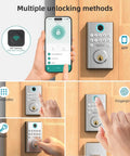 Slick WiFi Smart Deadbolt And Keyless Entry Door Lock With No Sweat App Connect Alexa Voice Commands shows smartphone and keypad unlocking methods.