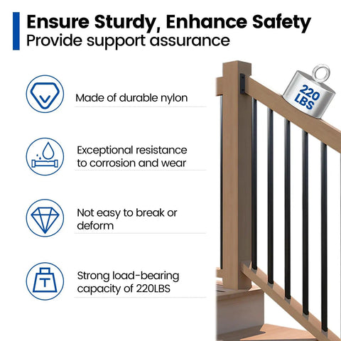All In One Deck Railing Brackets Kit For 2x4 Wood Posts 1.5 In By 3.5 In Rails Includes 20 Brackets And 124 Screws Handrail Fence Cable Railing Stairs WT11, diagram showing features and load capacity of 220 lbs.