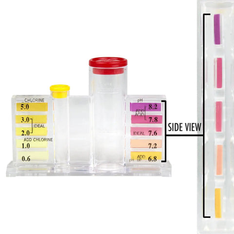5-Way Liquid Reagent Pool Water Test Kit showing test vials and pH levels for chlorine, bromine, and alkalinity checks.