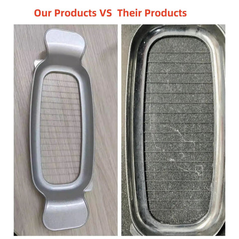 Heavy Duty Real Deal Butter And Cheese Slicer With Precision Stainless Steel Wires ergonomic grip comparison image showing clean vs worn slicer.