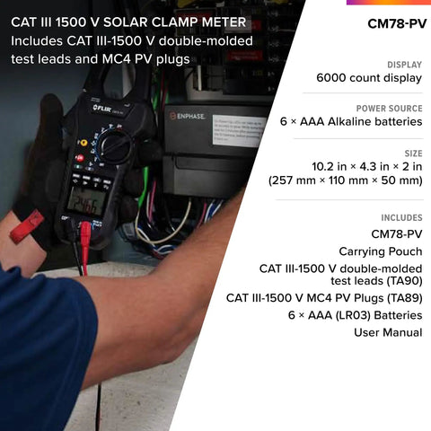 Person using Solar String Clamp Meter With METERLiNK Wireless Connectivity for electrical inspections, CAT III 1500 V, 1500 kVA